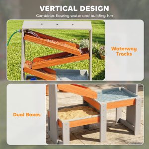 Qaba Wooden Sandbox, Kids Sand and Water Table with Waterway Track and Dual Boxes, Sensory Table for Outdoor, Grey - Image 5