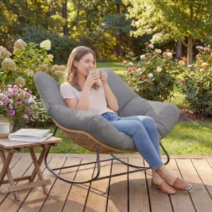 Indoor Outdoor Papasan Rocking Chair, Oversized Rocking Egg Chair with Cushion for Garden, Patio, Grey - Image 2
