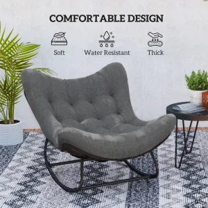 Outdoor Rocking Chair, Oversized Patio Egg Chair with Padded Cushion, Rattan Wicker for Indoor, Backyard, Dark Grey - Image 4