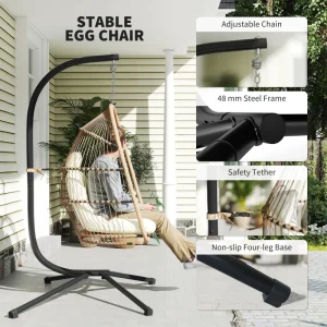 Wicker Egg Swing Chair with Stand, Foldable Hanging Egg Chair with UV Resistant Cushion, Headrest, Beige - Image 9