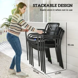Stackable Patio Chairs Set of 4, Outdoor Dining Chairs with Slatted Seat, Curved Backrest, Armrests, Black - Image 9