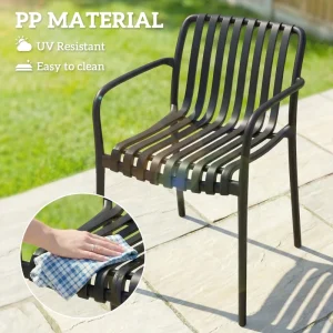 Stackable Patio Chairs Set of 4, Outdoor Dining Chairs with Slatted Seat, Curved Backrest, Armrests, Black - Image 10