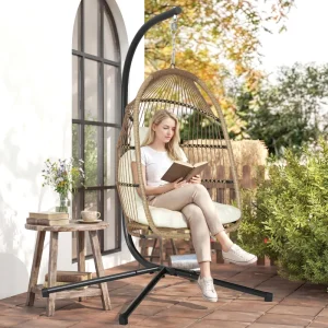 Wicker Egg Swing Chair with Stand, Foldable Hanging Egg Chair with UV Resistant Cushion, Headrest, Beige - Image 8