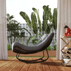 Outdoor Rocking Chair, Oversized Patio Egg Chair with Padded Cushion, Rattan Wicker for Indoor, Backyard, Dark Grey - Image 5