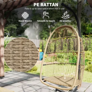 Wicker Egg Swing Chair with Stand, Foldable Hanging Egg Chair with UV Resistant Cushion, Headrest, Beige - Image 7
