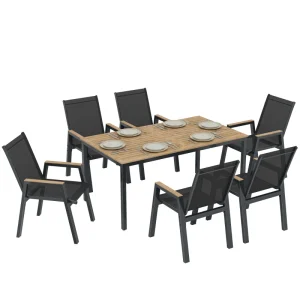 7 Piece Outdoor Dining Set, Rectangle Patio Table and 6 Mesh Chairs with Slatted Tabletop for Backyard, Deck, Garden - Image 10