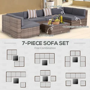 7 Pieces Patio Furniture Set, Rattan Conversation Set Garden Wicker Sofa Set with Washable Cushions and Coffee Table, All Weather PE Rattan Sectional Sofa, Grey - Image 10