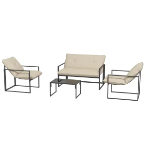 Outsunny 4 Piece Outdoor Furniture Set, Patio Conversation Set with Tempered Glass Table, Loveseat, 2 Chairs and Cushions, Beige - Image 6