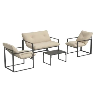 Outsunny 4 Piece Outdoor Furniture Set, Patio Conversation Set with Tempered Glass Table, Loveseat, 2 Chairs and Cushions, Beige - Image 5