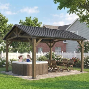 13' x 11' Hardtop Gazebo Canopy with Galvanised Metal Roof, Fir Wood Frame and Central Hook for Patio, Black Grey - Image 3