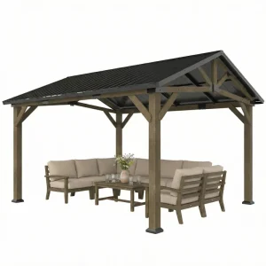 13' x 11' Hardtop Gazebo Canopy with Galvanised Metal Roof, Fir Wood Frame and Central Hook for Patio, Black Grey - Image 7