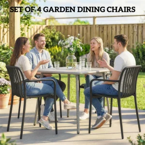 Stackable Patio Chairs Set of 4, Outdoor Dining Chairs with Slatted Seat, Curved Backrest, Armrests, Black - Image 5