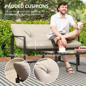 Outsunny 4 Piece Outdoor Furniture Set, Patio Conversation Set with Tempered Glass Table, Loveseat, 2 Chairs and Cushions, Beige - Image 4