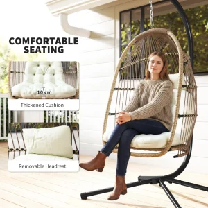 Wicker Egg Swing Chair with Stand, Foldable Hanging Egg Chair with UV Resistant Cushion, Headrest, Beige - Image 6