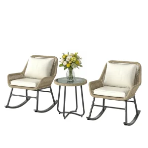 3 Piece Rocking Bistro Set Outdoor Patio Furniture Set with Cushions, Glass Coffee Table for Balcony, Cream White - Image 5