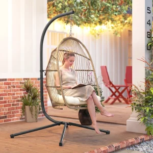 Wicker Egg Swing Chair with Stand, Foldable Hanging Egg Chair with UV Resistant Cushion, Headrest, Beige - Image 5