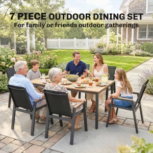 7 Piece Outdoor Dining Set, Rectangle Patio Table and 6 Mesh Chairs with Slatted Tabletop for Backyard, Deck, Garden - Image 3