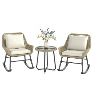 3 Piece Rocking Bistro Set Outdoor Patio Furniture Set with Cushions, Glass Coffee Table for Balcony, Cream White - Image 3