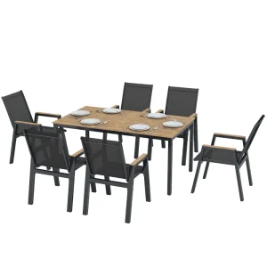 7 Piece Outdoor Dining Set, Rectangle Patio Table and 6 Mesh Chairs with Slatted Tabletop for Backyard, Deck, Garden - Image 5
