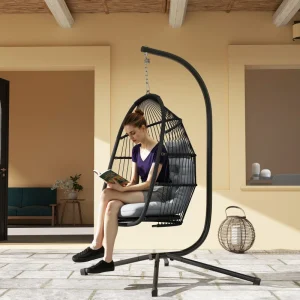 Wicker Egg Swing Chair with Stand, Foldable Hanging Egg Chair with UV Resistant Cushion, Headrest, Dark Grey - Image 4