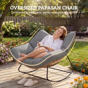 Indoor Outdoor Papasan Rocking Chair, Oversized Rocking Egg Chair with Cushion for Garden, Patio, Grey - Image 5