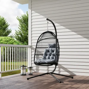 Wicker Egg Swing Chair with Stand, Foldable Hanging Egg Chair with UV Resistant Cushion, Headrest, Dark Grey - Image 5