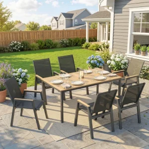 7 Piece Outdoor Dining Set, Rectangle Patio Table and 6 Mesh Chairs with Slatted Tabletop for Backyard, Deck, Garden - Image 1