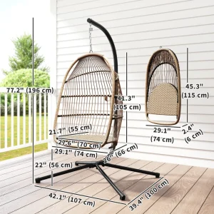 Wicker Egg Swing Chair with Stand, Foldable Hanging Egg Chair with UV Resistant Cushion, Headrest, Beige - Image 3