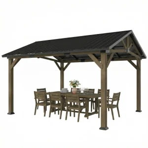 13' x 11' Hardtop Gazebo Canopy with Galvanised Metal Roof, Fir Wood Frame and Central Hook for Patio, Black Grey - Image 5