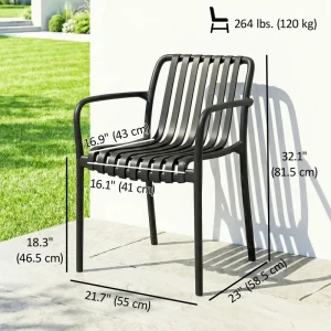 Stackable Patio Chairs Set of 4, Outdoor Dining Chairs with Slatted Seat, Curved Backrest, Armrests, Black - Image 3