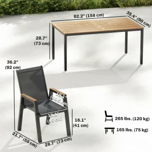 7 Piece Outdoor Dining Set, Rectangle Patio Table and 6 Mesh Chairs with Slatted Tabletop for Backyard, Deck, Garden - Image 9