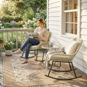 3 Piece Rocking Bistro Set Outdoor Patio Furniture Set with Cushions, Glass Coffee Table for Balcony, Cream White - Image 8
