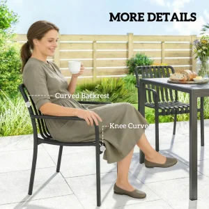 Stackable Patio Chairs Set of 4, Outdoor Dining Chairs with Slatted Seat, Curved Backrest, Armrests, Black - Image 4