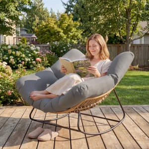 Indoor Outdoor Papasan Rocking Chair, Oversized Rocking Egg Chair with Cushion for Garden, Patio, Grey - Image 1