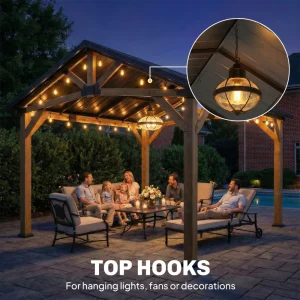 13' x 11' Hardtop Gazebo Canopy with Galvanised Metal Roof, Fir Wood Frame and Central Hook for Patio, Black Grey - Image 9