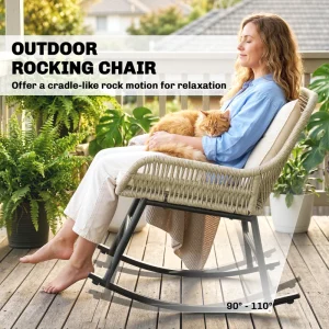 3 Piece Rocking Bistro Set Outdoor Patio Furniture Set with Cushions, Glass Coffee Table for Balcony, Cream White - Image 7