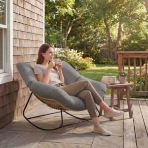 Indoor Outdoor Papasan Rocking Chair, Oversized Rocking Egg Chair with Cushion for Garden, Patio, Grey - Image 7