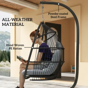 Wicker Egg Swing Chair with Stand, Foldable Hanging Egg Chair with UV Resistant Cushion, Headrest, Dark Grey - Image 3