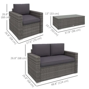 Outsunny Outdoor Furniture with Table, Wicker Furniture with Loveseat and 2 Chair for Garden, Poolside, Grey - Image 5