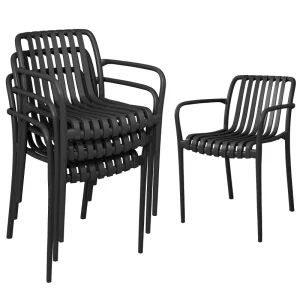 Stackable Patio Chairs Set of 4, Outdoor Dining Chairs with Slatted Seat, Curved Backrest, Armrests, Black - Image 7
