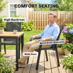 7 Piece Outdoor Dining Set, Rectangle Patio Table and 6 Mesh Chairs with Slatted Tabletop for Backyard, Deck, Garden - Image 4