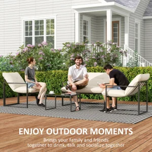 Outsunny 4 Piece Outdoor Furniture Set, Patio Conversation Set with Tempered Glass Table, Loveseat, 2 Chairs and Cushions, Beige - Image 3