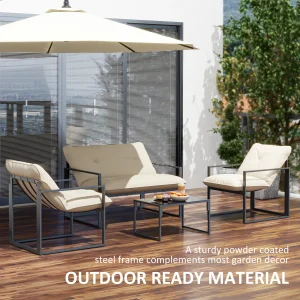 Outsunny 4 Piece Outdoor Furniture Set, Patio Conversation Set with Tempered Glass Table, Loveseat, 2 Chairs and Cushions, Beige - Image 9