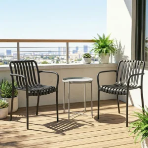Stackable Patio Chairs Set of 4, Outdoor Dining Chairs with Slatted Seat, Curved Backrest, Armrests, Black - Image 6