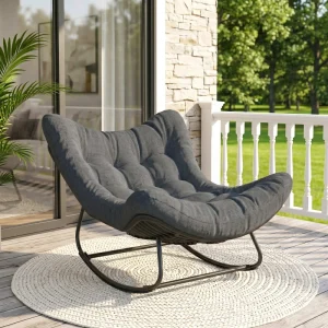 Outdoor Rocking Chair, Oversized Patio Egg Chair with Padded Cushion, Rattan Wicker for Indoor, Backyard, Dark Grey - Image 7