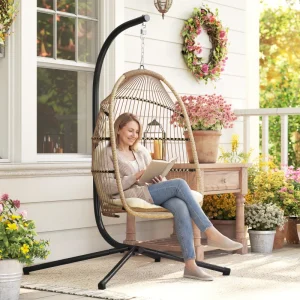 Wicker Egg Swing Chair with Stand, Foldable Hanging Egg Chair with UV Resistant Cushion, Headrest, Beige - Image 4