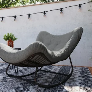 Outdoor Rocking Chair, Oversized Patio Egg Chair with Padded Cushion, Rattan Wicker for Indoor, Backyard, Dark Grey - Image 6