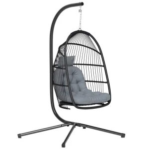 Wicker Egg Swing Chair with Stand, Foldable Hanging Egg Chair with UV Resistant Cushion, Headrest, Dark Grey - Image 6