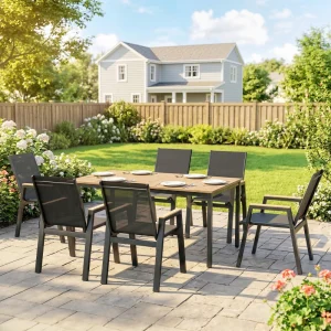 7 Piece Outdoor Dining Set, Rectangle Patio Table and 6 Mesh Chairs with Slatted Tabletop for Backyard, Deck, Garden - Image 2