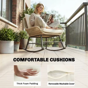 3 Piece Rocking Bistro Set Outdoor Patio Furniture Set with Cushions, Glass Coffee Table for Balcony, Cream White - Image 11